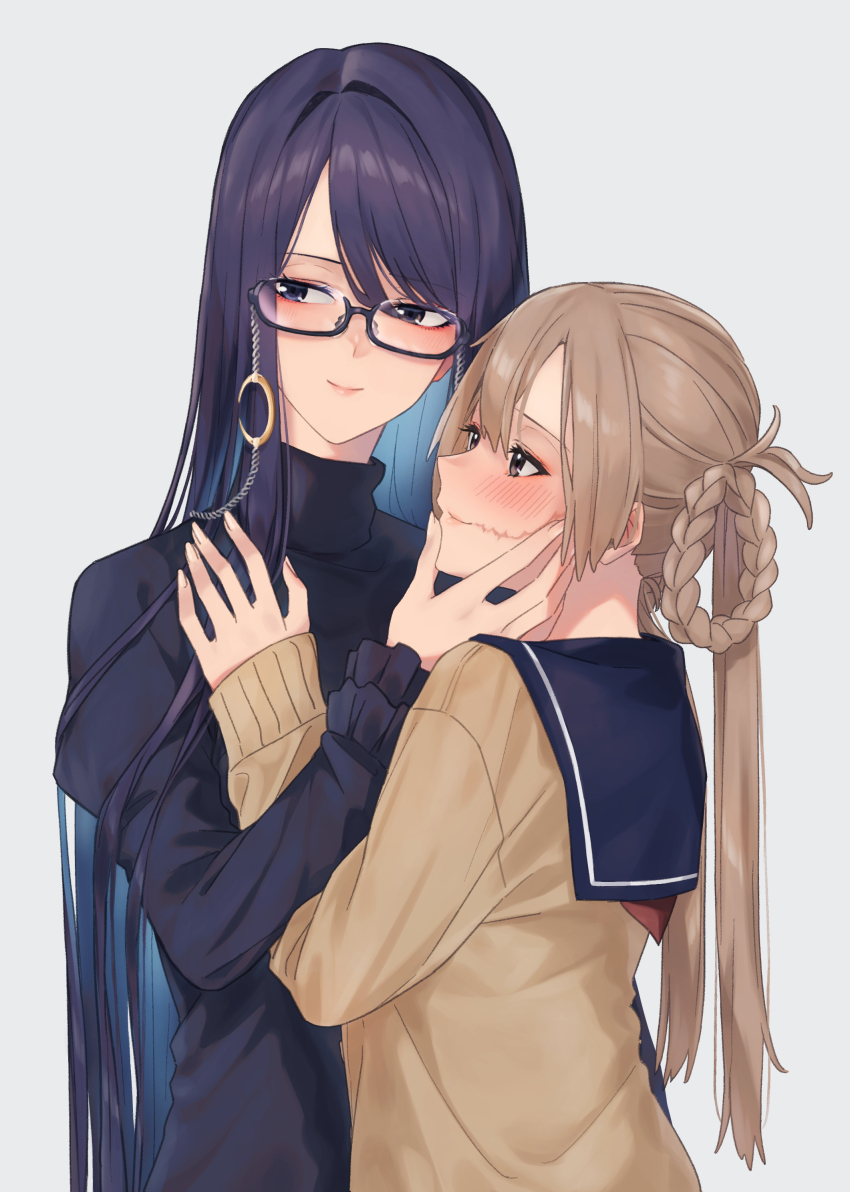 2girls absurdres bad_id bad_pixiv_id banana_oekaki black_hair blush braid braided_hair_rings brown_hair earrings eyewear_strap glasses hair_rings hand_on_another&#039;s_cheek hand_on_another&#039;s_face height_difference highres jewelry light_smile long_hair multiple_girls scar scar_on_face school_uniform simple_background stitched_face stitches upper_body urasekai_picnic uruma_satsuki urumi_luna