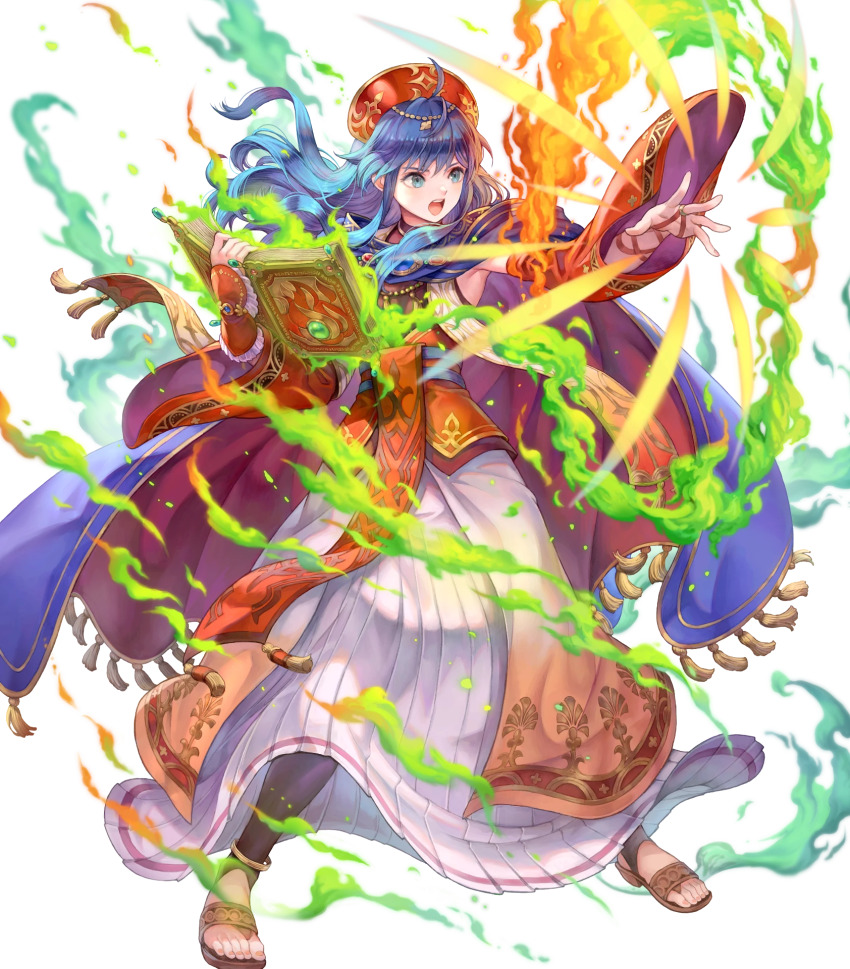 1girl attack blue_cape blue_eyes blue_hair book cape fire_emblem fire_emblem:_the_binding_blade fire_emblem_heroes haccan high_heel_sandals highres lilina_(brilliant_flame)_(fire_emblem) lilina_(fire_emblem) long_hair magic nintendo non-web_source official_alternate_costume official_art sandals solo stirrup_legwear toeless_legwear