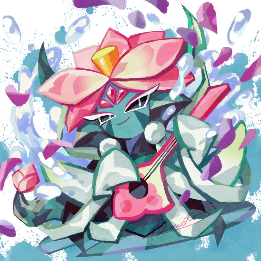 1other artist_name black_sclera blue_skin closed_mouth colored_sclera colored_skin cookie_run cookie_run:_ovenbreak dragon_tail dutch_angle facial_mark flower full_body green_hair green_kimono green_tail highres holding holding_instrument instrument jacket japanese_clothes kimono long_sleeves looking_at_viewer lotus lotus_dragon_cookie music open_clothes open_jacket other_focus pink_flower playing_instrument purple_petals rn9j short_hair simple_background smile solo tail white_background white_eyes white_jacket