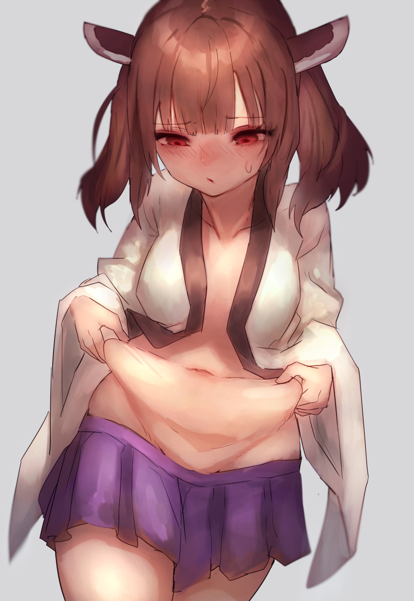 1girl absurdres belly_grab fat groin highres navel plump shiburingaru skirt sweat tagme touhoku_kiritan voiceroid