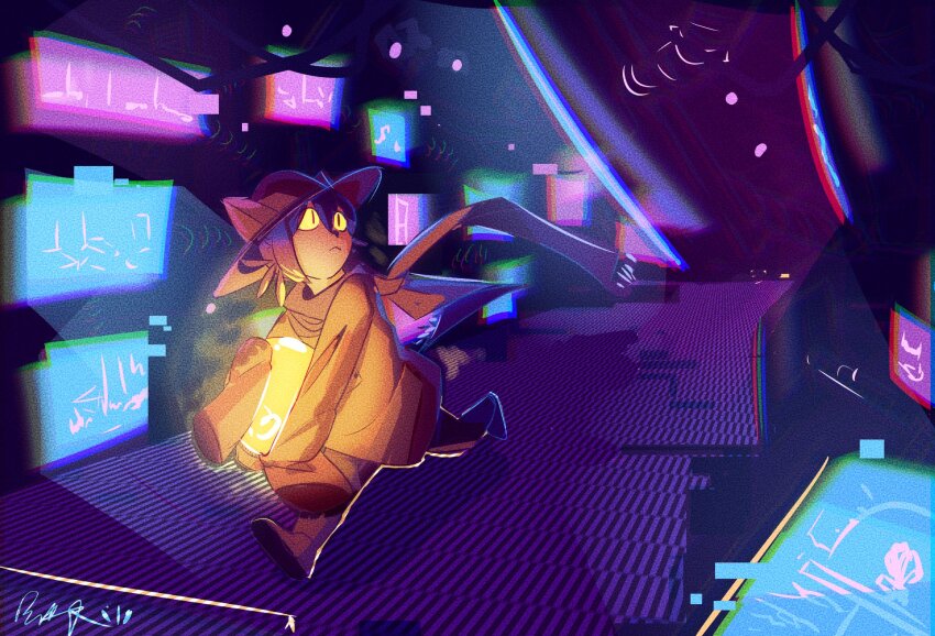 1other androgynous animal_ear_headwear animal_ears animal_hat bohrelight brown_headwear brown_poncho brown_tunic cat_hat colored_sclera fake_animal_ears hat highres light_bulb niko_(oneshot) oneshot_(game) purple_scarf running scarf tunic whiskers yellow_sclera