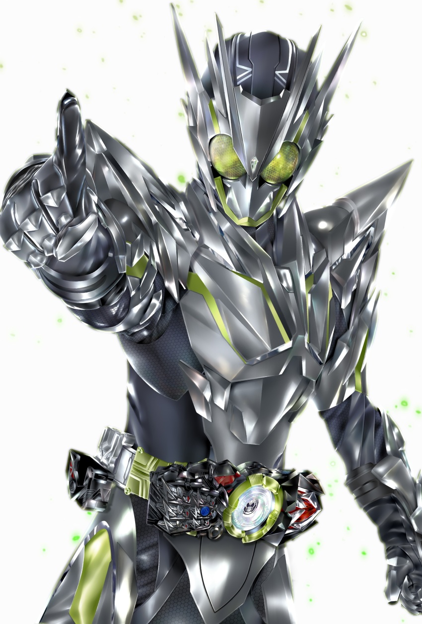 1boy absurdres antennae armor armored_gloves belt compound_eyes cowboy_shot rider_belt gloves green_eyes helmet highres kamen_rider kamen_rider_01_(series) kamen_rider_zero-one kuzurx looking_at_viewer male_focus metalcluster_hopper pointing pointing_at_viewer progrise_key rider_belt silver_bodysuit solo spiked_pauldrons tokusatsu