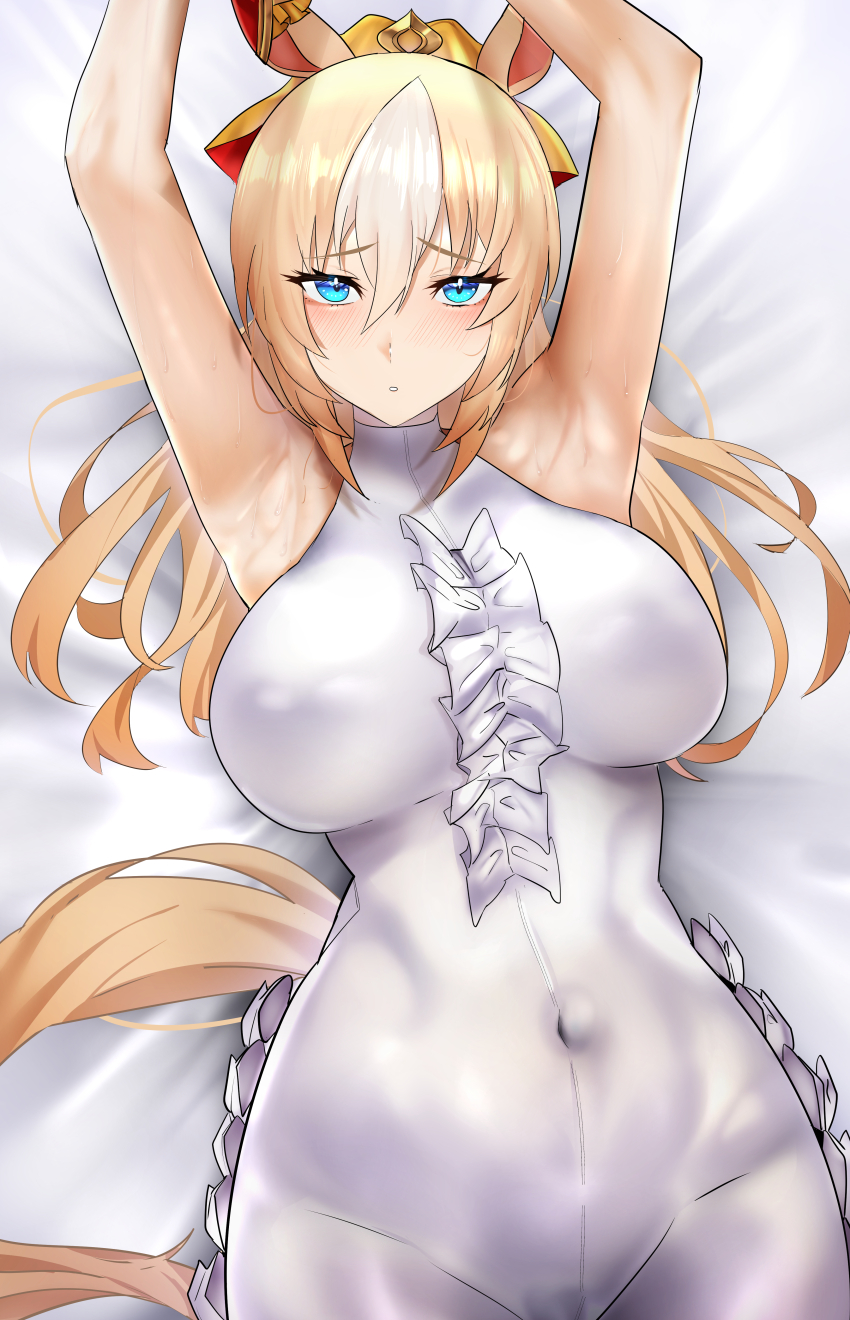 1girl absurdres animal_ears armpits arms_up blonde_hair blue_eyes blush bodysuit breasts commentary_request durandal_(umamusume) ear_covers frilled_bodysuit hair_between_eyes highres horse_ears horse_girl horse_tail jitome_no_tsugumi large_breasts long_hair looking_at_viewer lying multicolored_hair on_back on_bed raised_inner_eyebrows single_ear_cover solo streaked_hair tail tight_clothes umamusume white_bodysuit white_hair