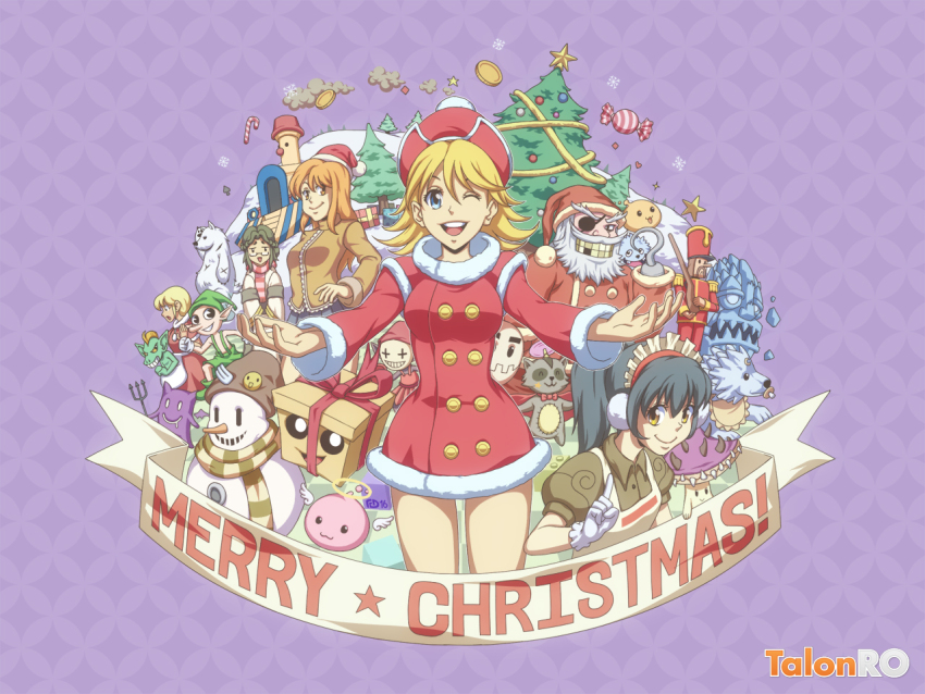 3boys 4girls :3 angeling antonio_(ragnarok_online) bear beard blonde_hair blossom_(ragnarok_online) breasts brown_eyes brown_hair brown_shirt buttons character_request chepet christmas christmas_tree closed_mouth coin cokeboy commentary cookie_(ragnarok_online) cowboy_shot creature cruiser_(ragnarok_online) deviruchi drops_(ragnarok_online) eggyra english_commentary eyepatch facial_hair gazeti goblin_(ragnarok_online) green_hair grin halo hat hatii_(ragnarok_online) hook_hand long_hair long_sleeves looking_at_viewer louise_(ragnarok_online) medium_breasts multiple_boys multiple_girls nutcracker one_eye_closed open_mouth poison_spore purple_background raccoon ragnarok_online red_hat santa_costume santa_hat shirt short_hair siroma slime_(creature) smile smokie_(ragnarok_online) snowman snowysnow_(ragnarok_online) traditional_halo