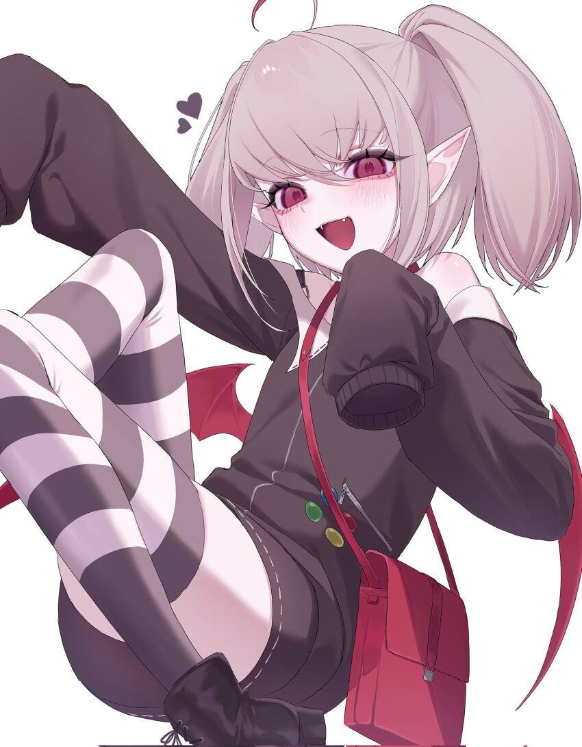 1girl ahoge ankle_boots badge bag bare_shoulders black_boots black_jacket black_skirt blush boots button_badge collar colored_tips demon_wings dyed_ahoge fangs feet_out_of_frame flying grey_hair hair_between_eyes handbag hands_up heart highres jacket knees_up looking_at_viewer makaino_ririmu makaino_ririmu_(2nd_costume) medium_hair miniskirt multicolored_hair nijisanji off-shoulder_jacket off_shoulder open_mouth outstretched_arm platform_boots pointy_ears red_bag red_collar red_eyes red_streaks red_wings shoulder_bag sidelocks simple_background skirt sleeves_past_wrists smile solo strap_slip streaked_hair striped_clothes striped_thighhighs thighhighs twintails virtual_youtuber white_background wings yumo_x_x zipper zipper_pull_tab