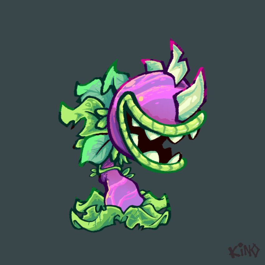 chomper_(plants_vs_zombies) grey_background highres kinomotoroka no_humans open_mouth plants_vs_zombies signature simple_background solo