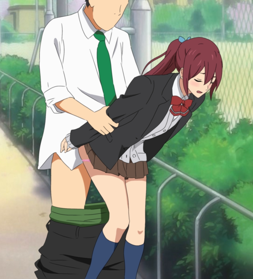 1boy 1girl boxer boxers bush clothed_sex clothes_lift clothes_pull doggystyle fence free! from_behind hair_ribbon hetero highres implied_sex kneehighs male_underwear matsuoka_gou mr_trace_mosha outdoors panties pants pants_pull panty_pull pink_panties ponytail red_hair ribbon school_uniform sex sex_from_behind sidewalk skirt skirt_lift socks standing standing_sex underwear
