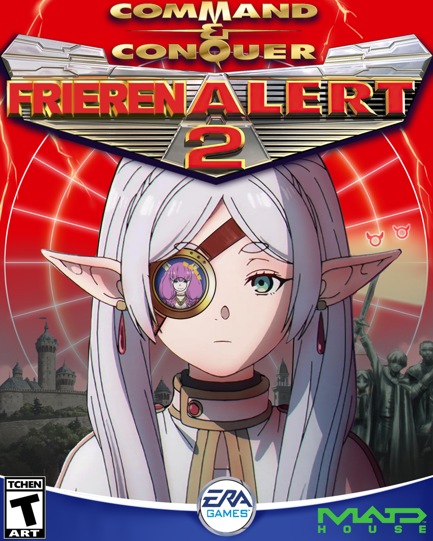 2girls absurdres aura_(sousou_no_frieren) braid brand_name_imitation cameo capelet command_&amp;_conquer command_&amp;_conquer:_red_alert command_&amp;_conquer:_red_alert_2 commentary cover electronic_arts elf english_commentary english_text esrb eyepatch fake_cover frieren green_eyes grey_hair hair_between_eyes heiter highres himmel_(sousou_no_frieren) long_hair long_sleeves looking_at_viewer madhouse multiple_girls parody parted_bangs pointy_ears purple_hair reflection sidelocks sousou_no_frieren statue tchenart thick_eyebrows video_game_cover white_capelet