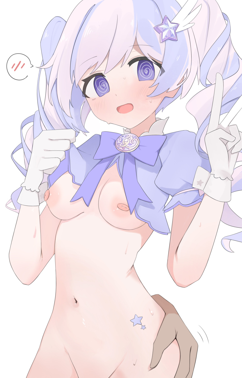1boy 1girl @_@ absurdres blue_archive blush bottomless bow bowtie breasts disembodied_hand dot_nose drill_hair embarrassed feather_hair_ornament frilled_gloves frills gloves gu_meng_yin hair_ornament hand_on_another&#039;s_thigh hands_up hetero highres large_bow loli long_hair looking_at_viewer motion_lines multicolored_hair navel nipples official_alternate_costume open_mouth pasties purple_bow purple_bowtie purple_shrug reisa_(blue_archive) reisa_(magical)_(blue_archive) shrug_(clothing) simple_background small_breasts spoken_blush standing star_(symbol) star_hair_ornament sweat twin_drills twintails v very_long_hair white_background white_gloves