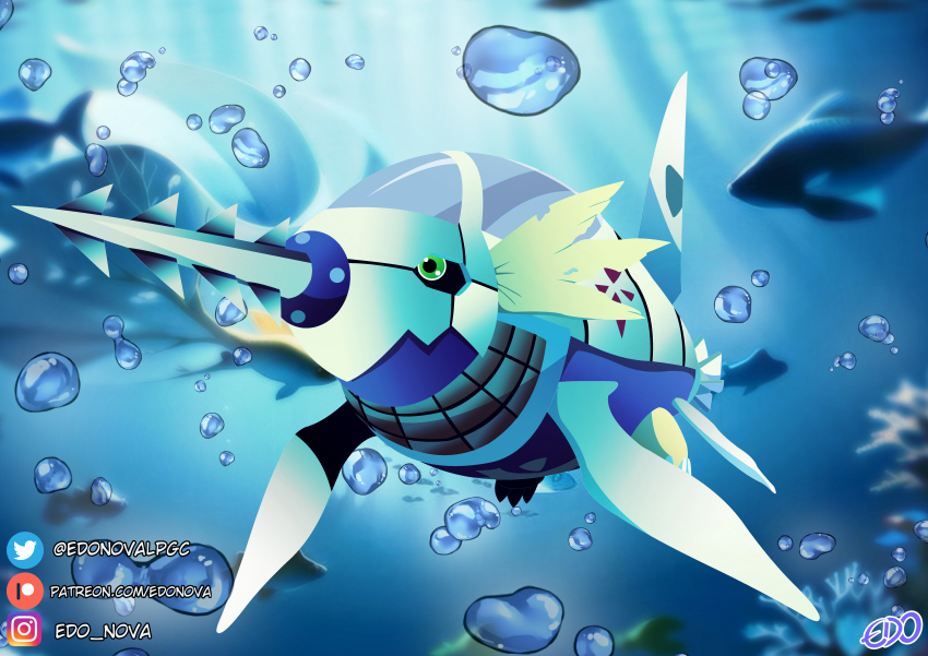 absurdres bubble digimon digimon_(creature) fish green_eyes harpoon highres no_humans solo submarimon underwater