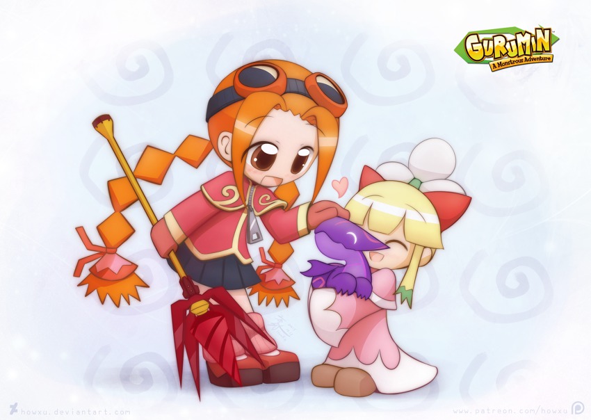 10s 2015 2girls artist_name blonde_hair braid brown_eyes capelet child copyright_name dated dragon drill gloves goggles goggles_on_head gurumin headpat heart holding holding_weapon howxu multiple_girls orange_hair oversized_clothes oversized_zipper parin patreon_username pino_(gurumin) signature skirt standing tokaron twin_braids very_long_sleeves watermark weapon web_address western_dragon zipper