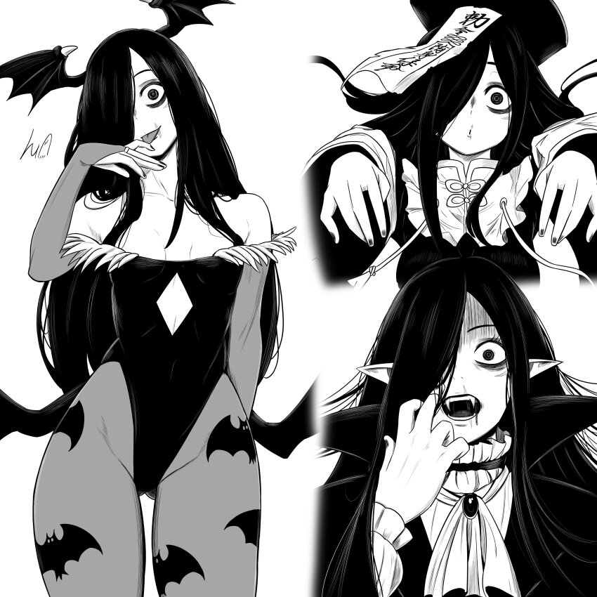 1girl absurdres animal_print ascot bags_under_eyes bare_shoulders bat_print blood blood_from_mouth breasts cape clothing_cutout collared_coat cosplay darkstalkers elbow_gloves fangs gloves hair_over_one_eye halloween halloween_costume head_wings highres hsien-ko_(cosplay) jiangshi jiangshi_costume licking_own_finger long_hair loose_hair_strand lughost monochrome morrigan_aensland morrigan_aensland_(cosplay) ofuda outstretched_arms pointy_ears small_breasts stomach_cutout the_ring thighhighs tongue tongue_out vampire vampire_costume wings yamamura_sadako zombie_pose