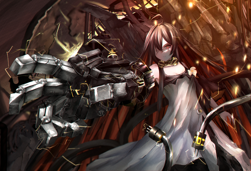 1girl absurdres ahoge alchemy_stars bare_shoulders black_hair dress flower hair_between_eyes highres kyatto-mikazu long_hair looking_to_the_side mecha mechanical_arms red_eyes robot shaded_face sidelocks white_dress white_flower