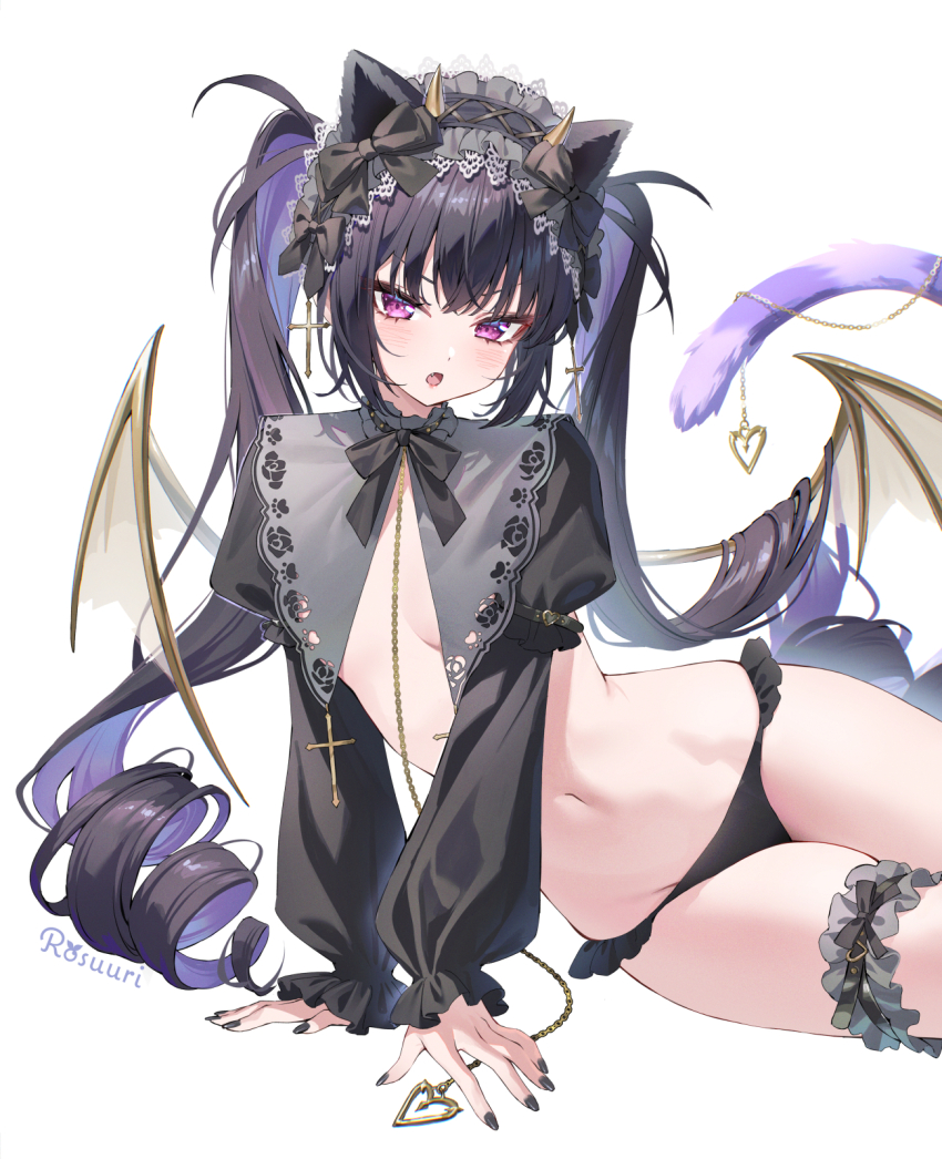 1girl arm_support bat_wings black_panties cat_tail hairband long_sleeves navel no_pants original panties purple_eyes rosuuri solo stomach tail thigh_strap underwear white_background wings