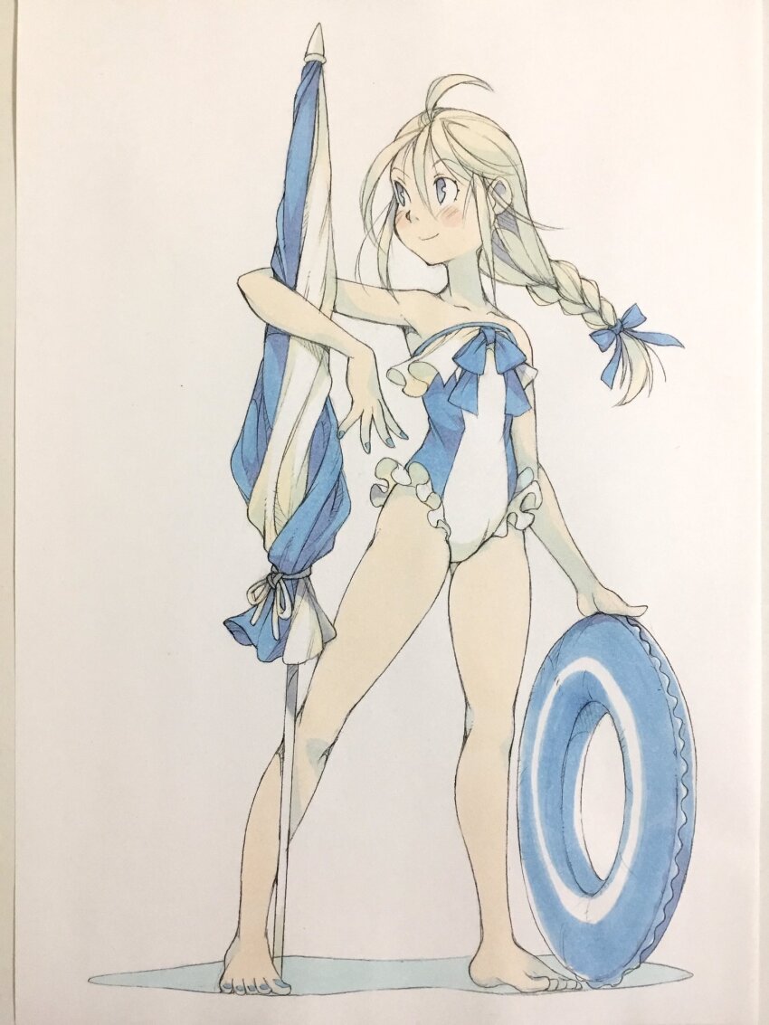 1girl barefoot beach_umbrella blonde_hair blue_innertube blue_one-piece_swimsuit braid collarbone frilled_one-piece_swimsuit frills full_body highres innertube looking_to_the_side one-piece_swimsuit original painting_(medium) peter_salt smile solo standing strapless strapless_one-piece_swimsuit swim_ring swimsuit traditional_media two-tone_one-piece_swimsuit umbrella umbrella_over_shoulder watercolor_(medium) white_one-piece_swimsuit