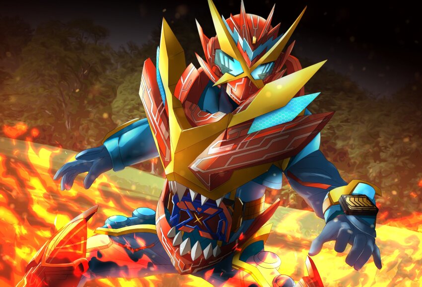 1boy alternate_costume armor blue_bodysuit blue_eyes blue_gloves bodysuit rider_belt fire forest gloves glowing glowing_eyes gotcha_driver highres kamen_rider kamen_rider_gotchard kamen_rider_gotchard_(series) lightning_bolt_print male_focus miyabi_(037) nature official_alternate_costume open_hands outdoors red_armor rider_belt sharp_teeth teeth thighs tokusatsu tyrannosaurus_rex x-rex x_mark