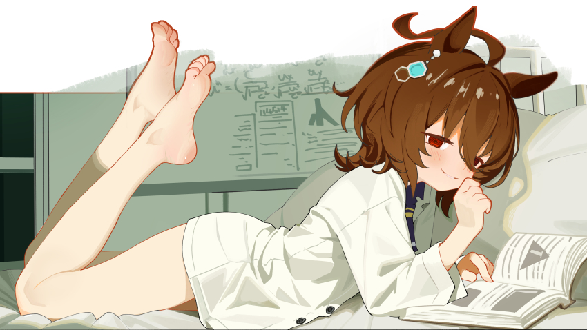 1girl absurdres agnes_tachyon_(umamusume) ahoge animal_ear_piercing animal_ears barefoot blue_necktie book brown_hair chemical_structure clenched_hand cold_tea feet feet_up from_side full_body grin hair_between_eyes half-closed_eyes highres horse_ears huge_ahoge legs_up long_sleeves lying necktie no_pants on_bed on_stomach open_book pillow reading red_eyes shirt smile solo toes umamusume white_shirt