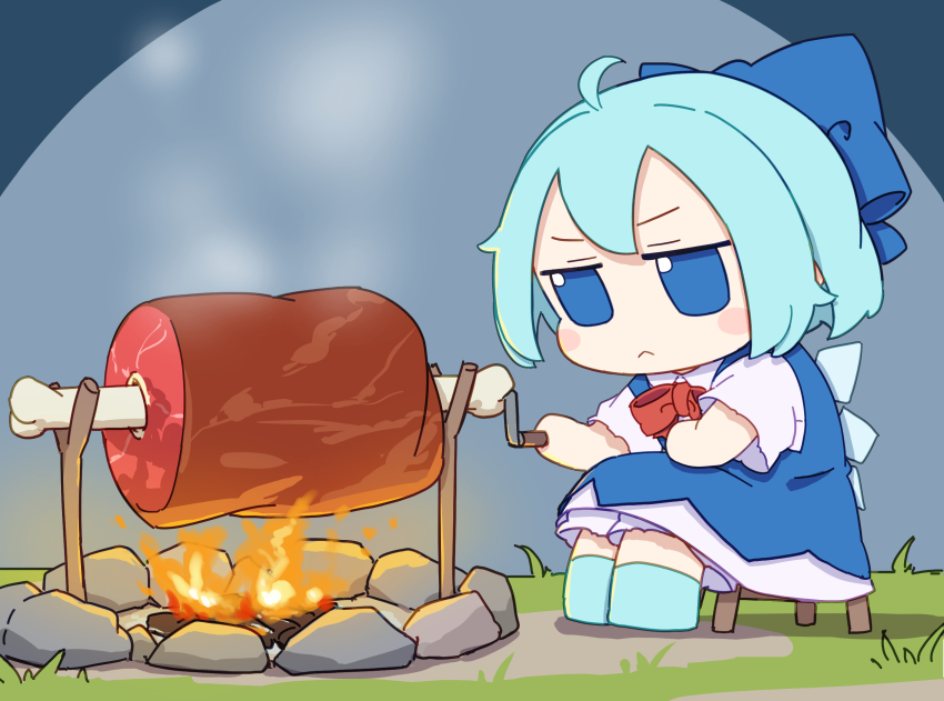 1girl ahoge bloomers blue_bow blue_dress blue_eyes blue_hair blue_shoes blush_stickers boned_meat bow bowtie campfire cirno closed_mouth collared_shirt commentary_request cooking dress food full_body fumo_(doll) hair_bow highres ice ice_wings kame_(kamepan44231) meat outdoors pinafore_dress red_bow red_bowtie shirt shoes short_hair short_sleeves sitting sleeveless sleeveless_dress solo touhou underwear white_shirt wings