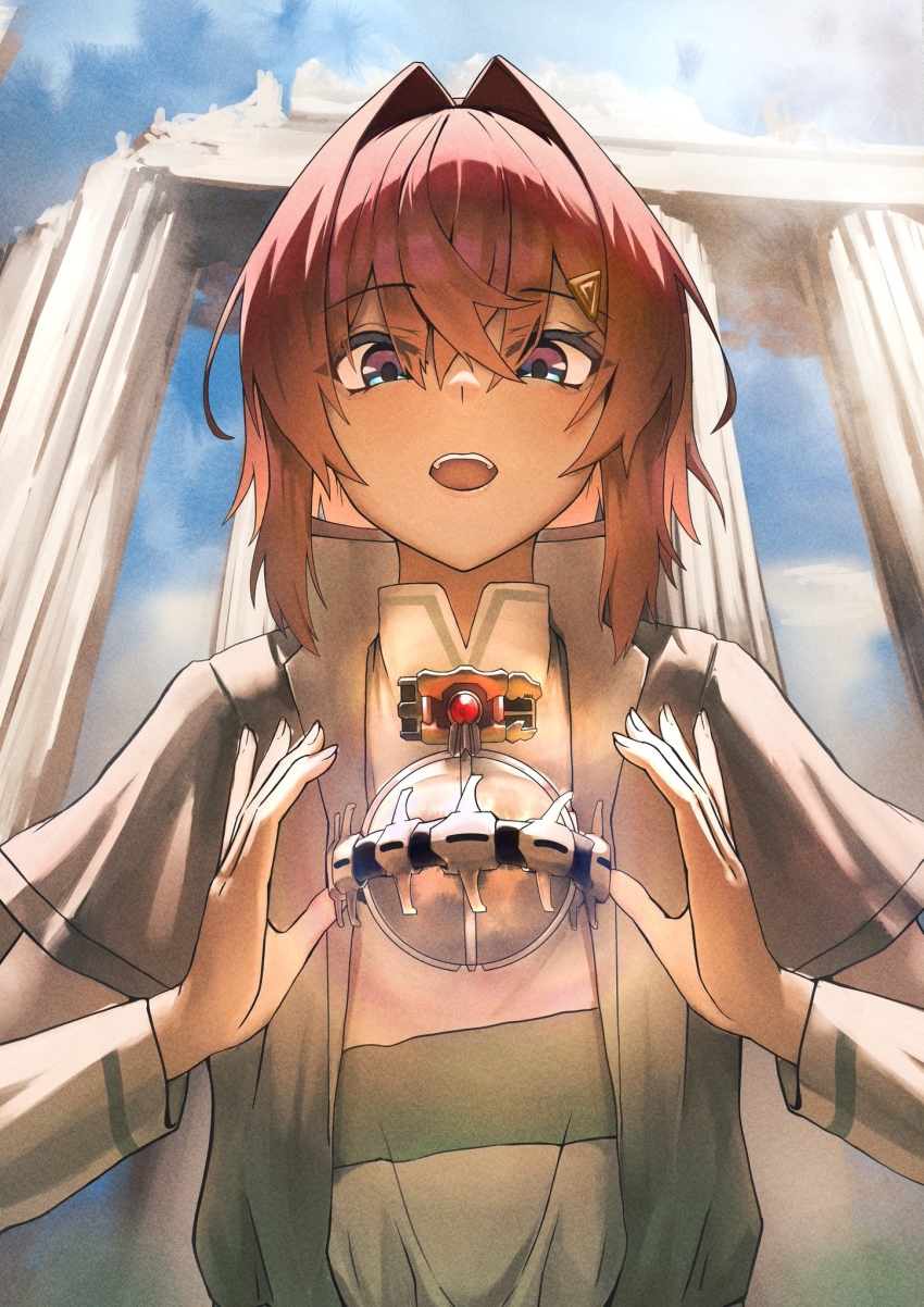 1girl ange_katrina blue_eyes blue_sky coat commentary_request crossed_bangs day doidamon floating floating_object from_below gradient_eyes grey_coat hair_between_eyes hair_intakes hair_ornament high_collar highres long_bangs long_sleeves looking_at_object looking_down multicolored_eyes nijisanji official_alternate_costume open_clothes open_coat open_mouth outdoors page_of_lambda purple_eyes red_hair ruins shirt short_hair short_sleeves sky solo stone_pillar teeth triangle_hair_ornament upper_body upper_teeth_only virtual_youtuber white_shirt