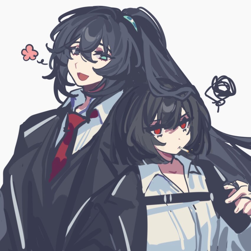 1boy 1girl black_coat black_eyes black_hair black_vest blue_eyes bob_cut cigarette coat collared_shirt er_hea heterochromia high_ponytail highres hong_lu_(project_moon) limbus_company long_hair long_sleeves looking_at_another looking_at_viewer necktie open_mouth ponytail project_moon red_eyes red_necktie ryoshu_(project_moon) shirt short_hair simple_background smoking upper_body vest white_background white_shirt