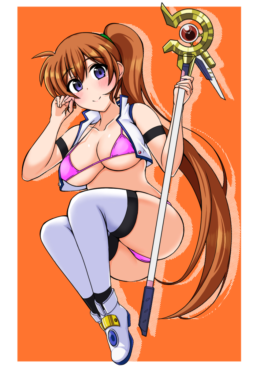 1girl ass bikini blue_eyes blush breasts brown_hair cleavage closed_mouth collarbone highres kunisaki-air large_breasts long_hair looking_at_viewer lyrical_nanoha magical_girl mahou_shoujo_lyrical_nanoha_strikers ponytail raising_heart solo swimsuit takamachi_nanoha thighhighs white_thighhighs