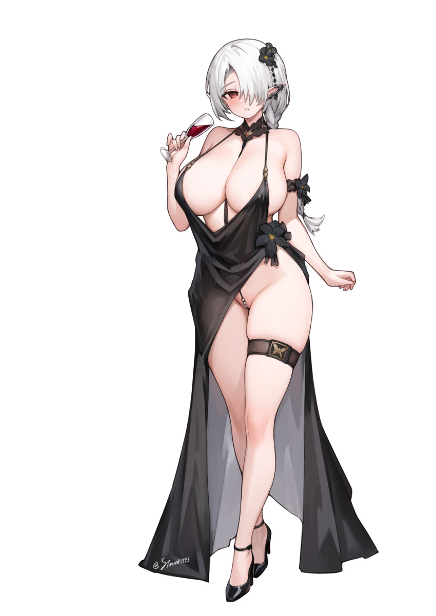 1girl alcohol areola_slip arm_strap artist_name between_breasts black_flower black_shoes blush braid breasts collarbone cup dress evening_gown flower full_body groin hair_flower hair_ornament high_heels highres holding holding_cup long_hair long_sleeves looking_at_viewer parted_lips partially_visible_vulva pearl_thong pelvic_curtain plunging_neckline pointy_ears red_eyes shoes simple_background single_braid skindentation sleeveless sleeveless_dress solo standing stmast thigh_strap twitter_username white_background wine