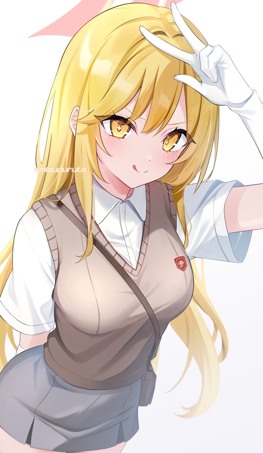 1girl absurdres bag blonde_hair blue_archive blush brown_halo brown_sweater_vest collared_shirt double-parted_bangs gloves grey_skirt halo hand_up highres long_hair looking_at_viewer mizupuruta school_uniform shirt shokuhou_misaki short_sleeves shoulder_bag simple_background skirt solo sparkling_eyes sweater_vest toaru_kagaku_no_railgun toaru_majutsu_no_index tokiwadai_school_uniform tongue tongue_out twitter_username upper_body v-shaped_eyebrows w w_over_face white_background white_gloves white_shirt yellow_eyes