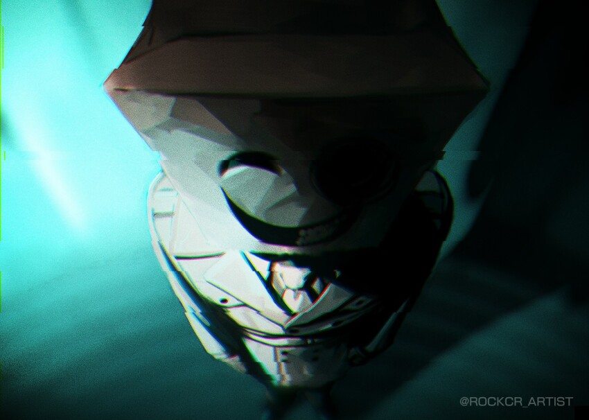1boy bag coat emio famicom_tantei_club formal_clothes from_above highres mask necktie nintendo paper_bag rock_cr solo suit trench_coat upper_body