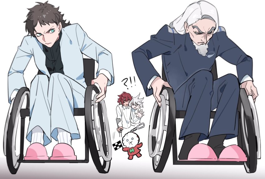 ahoge beard blue_eyes checkered_flag crutch delling_rembran ericht_samaya facial_hair father_and_daughter flag grey_hair gundam gundam_suisei_no_majo highres knightym22 long_hair long_sleeves miorine_rembran mother_and_daughter multiple_girls prospera_mercury red_hair simple_background slippers suletta_mercury thick_eyebrows wheelchair white_background