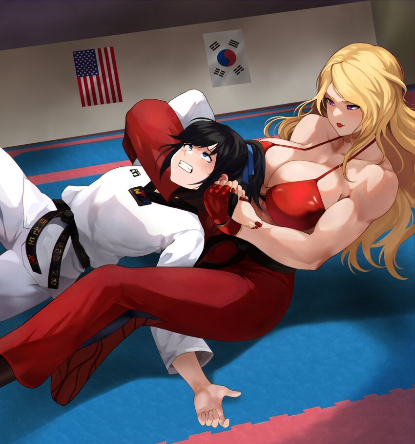 2girls american_flag bare_arms bare_shoulders barefoot belt between_legs bikini black_belt black_hair blonde_hair blue_bow blue_eyes blush bow catfight chloe_(thespeakergram) clenched_hand clenched_teeth collarbone commentary dojo dougi english_commentary feet feet_out_of_frame fingerless_gloves fingernails furrowed_brow gloves grabbing_own_foot hands_on_own_feet highres light_blush long_bangs long_hair looking_at_another lying messy_hair mma_gloves multiple_girls muscular muscular_female nail_polish ohxs on_back on_floor original pants ponytail purple_eyes red_bikini red_lips red_nails red_pants rolling_eyes shadow shin_guards shion_aoyama south_korean_flag sparring stirrup_legwear straight_hair strangling submission_hold swimsuit teeth toeless_legwear toenail_polish toenails wrestling