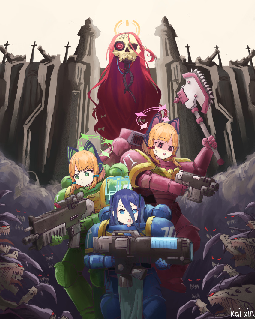 4girls 6+others absurdres adeptus_astartes aiming alternate_costume anger_vein aris_(blue_archive) armor axe battle_axe black_eyes black_hair blue_archive blue_eyes blunt_bangs bolter commentary crossover death_momoi_(meme) directed-energy_weapon dual_wielding energy_gun energy_weapon english_commentary floating fortress game_development_department_(blue_archive) green_eyes gun hair_between_eyes hair_ribbon halo highres holding holding_axe holding_gun holding_weapon kai_xin light_brown_hair long_bangs long_hair long_sleeves low-tied_sidelocks meme midori_(blue_archive) momoi_(blue_archive) multiple_girls multiple_others objectification one_side_up outdoors pauldrons plasma_gun power_armor red_hair ribbon short_hair shoulder_armor sidelocks skull tress_ribbon tyranid warhammer_40k weapon yuzu_(blue_archive)