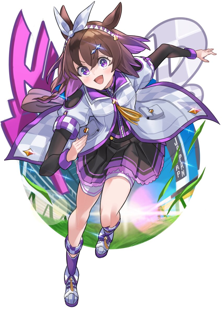 1girl absurdres animal_ears blush breasts brown_hair do_deuce_(racehorse) full_body hair_between_eyes hair_ornament hairband highres horse_ears horse_girl horse_tail jacket japan_cup looking_at_viewer medium_breasts medium_hair original personification shoes solo tail yokoji_(kodai2015)