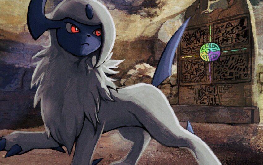 absol bright_pupils claws closed_mouth commentary_request frown gen_3_pokemon nintendo no_humans pokemon pokemon_(creature) red_eyes rock ruins sagemaru-br solo standing white_pupils
