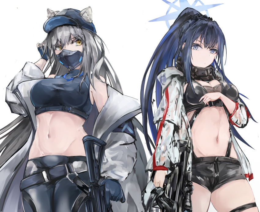 2girls absurdres animal_ears arknights bare_shoulders baseball_cap belt black_scarf black_shorts blue_archive blue_eyes blue_gloves blue_hair blue_headwear blue_pants blue_shirt bow_(weapon) breasts cat_ears cleavage coat commentary_request cosplay cowboy_shot crop_top crossbow ears_through_headwear fingerless_gloves gloves grey_coat grey_hair gun hat highres holding holding_crossbow holding_gun holding_weapon jacket kisumun large_breasts leggings long_hair long_sleeves looking_at_viewer mask midriff mouth_mask multiple_girls navel off_shoulder open_clothes open_coat open_jacket pants ponytail saori_(blue_archive) saori_(blue_archive)_(cosplay) scarf schwarz_(arknights) schwarz_(arknights)_(cosplay) shirt short_shorts shorts simple_background sleeveless sleeveless_shirt standing stomach thigh_strap thighs very_long_hair weapon white_background white_jacket yellow_eyes