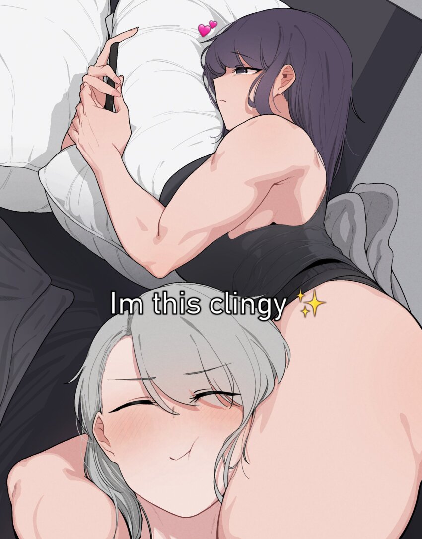 2girls blush cellphone english_text grey_eyes grey_hair head_between_thighs heart highres i&#039;m_this_clingy_(meme) lee_do-eun_(oddsnail) long_hair meme multiple_girls muscular muscular_female obelia_(oddsnail) oddsnail on_bed original phone pillow purple_hair smartphone sparkle thick_thighs thighs yuri