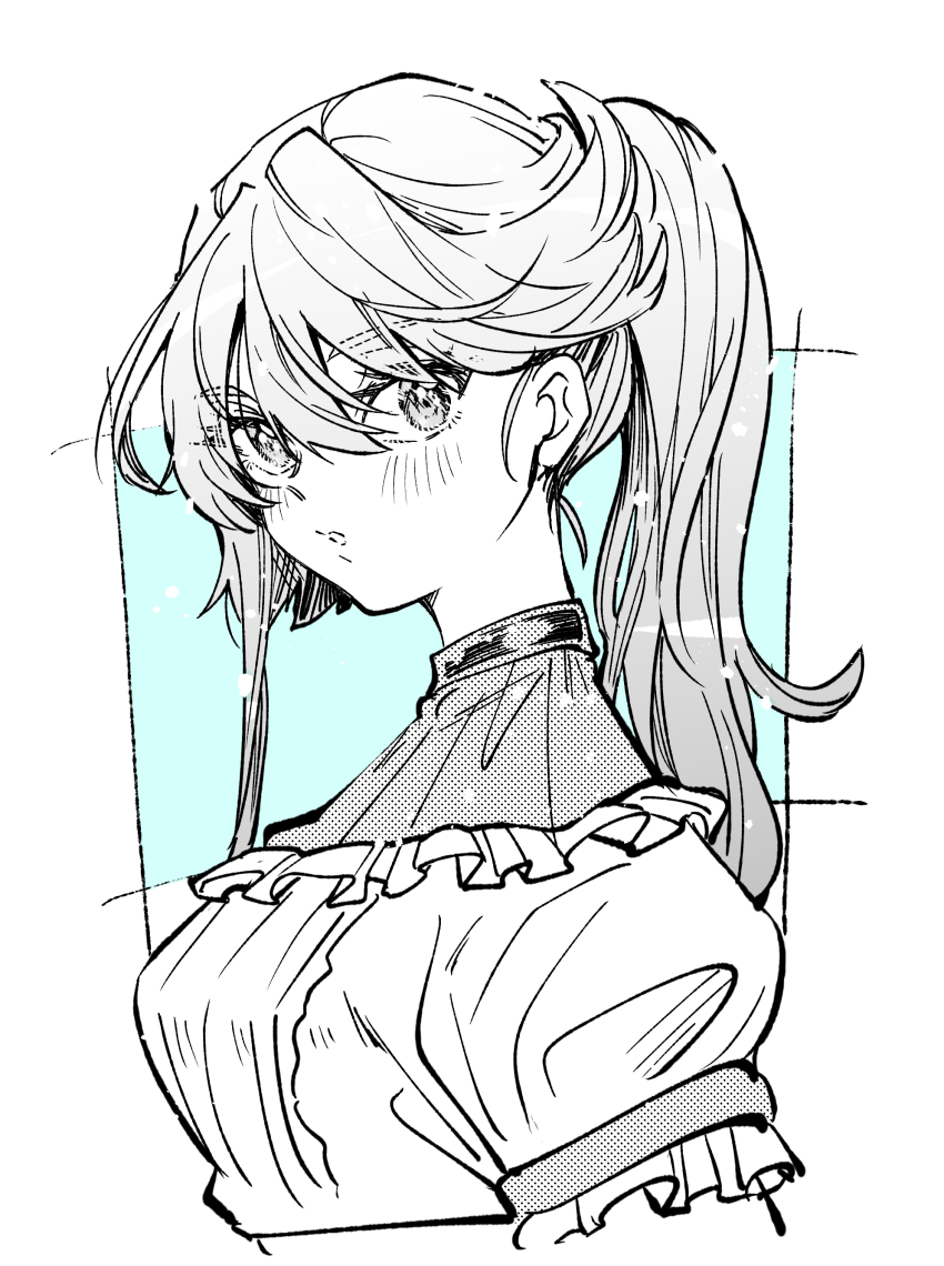 1girl absurdres blue_background blush border breasts clip_studio_paint_(medium) from_side greyscale_with_colored_background gundam gundam_suisei_no_majo hair_behind_ear highres kudou_makoto long_hair making-of_available medium_breasts miorine_rembran outside_border parted_lips ponytail shirt solo white_border