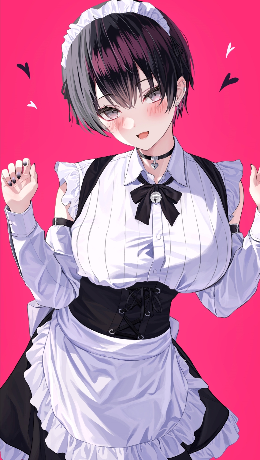 1girl absurdres apron bell black_choker black_corset black_hair black_nails black_ribbon black_skirt blush breasts buttons choker clothing_cutout corset frilled_apron frilled_skirt frills grey_eyes heart heart-shaped_lock highres long_sleeves maid maid_headdress neck_bell norio_(noriosub) open_mouth original pink_background ribbed_shirt ribbon shirt short_hair shoulder_cutout skirt solo waist_apron white_apron white_shirt