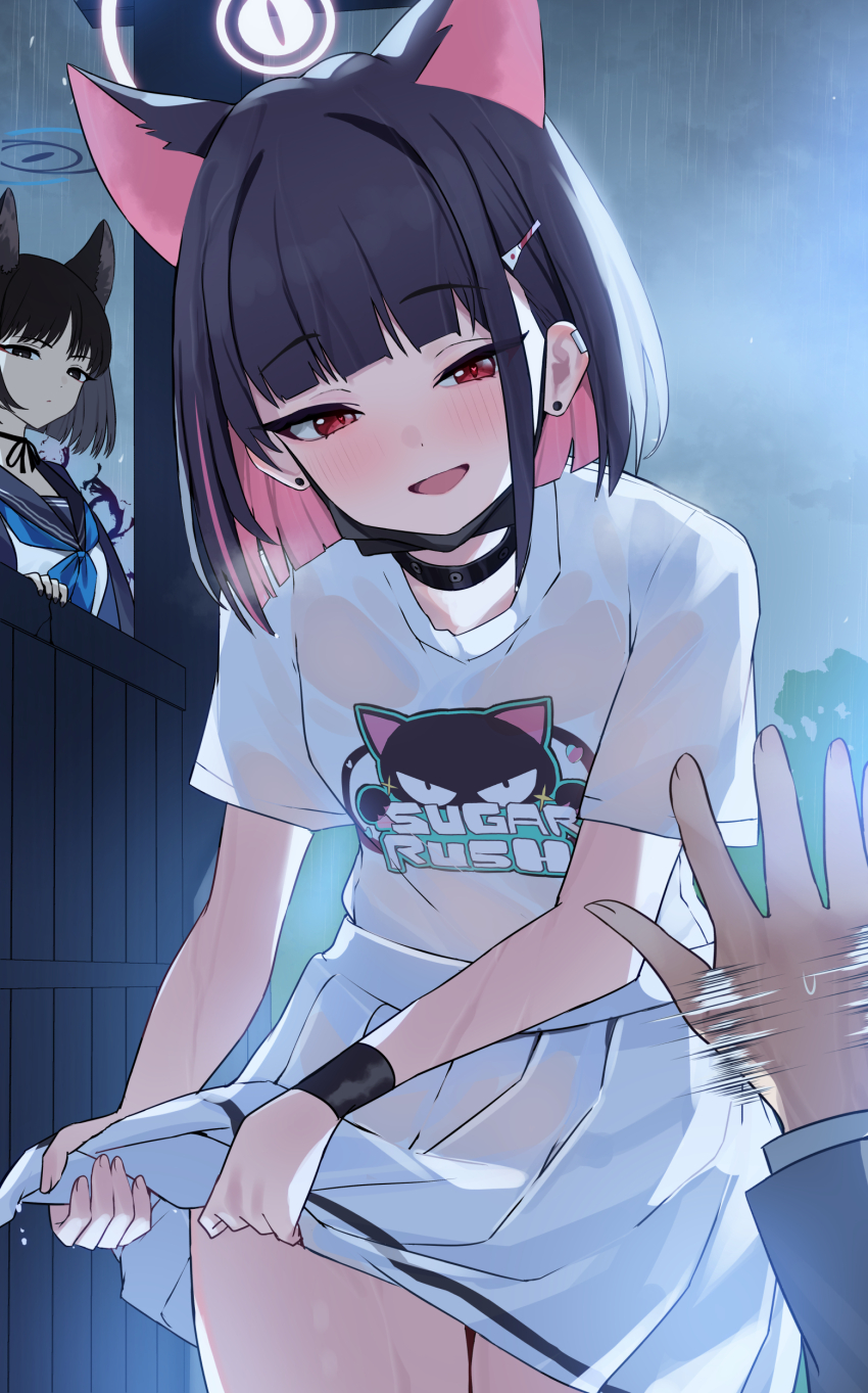 2girls absurdres animal_ears blue_archive cat_ears colored_inner_animal_ears colored_inner_hair extra_ears halo highres kazusa_(band)_(blue_archive) kazusa_(blue_archive) kikyou_(blue_archive) mask mi_taro333 mouth_mask multicolored_hair multiple_girls pink_halo pov pov_hands see-through_clothes wet wet_clothes