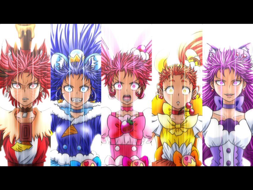5girls animal_ears arisugawa_himari blue_dress blue_eyes blue_hair bow brown_hair candy cat_ears cherry_earrings chocolate chocolate_bar choker commentary crazy_eyes crown cure_chocolat cure_custard cure_gelato cure_macaron cure_parfait cure_whip custard dog_ears dress earrings facial_mark fangs food food-themed_earrings food-themed_hair_ornament food_themed_earrings frown fruit glowing glowing_eyes gold_crown grin hair_ornament highres ice_cream_cone jacket jewelry kemono_friends kenjou_akira kirahoshi_ciel kirakira_precure_a_la_mode kotozume_yukari letterboxed light_frown lion_ears long_hair macaron magical_girl multiple_girls open_mouth parted_lips pink_bow pink_dress pink_eyes pink_hair pouch precure puffy_short_sleeves puffy_sleeves purple_choker purple_dress rabbit_ears red_eyes red_hair red_jacket satou_yasu short_hair short_sleeves side_ponytail smile spiked_hair squirrel_ears strawberry tategami_aoi usami_ichika yellow_dress yellow_eyes