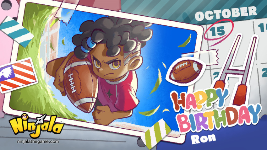 american_flag american_football american_football_(object) asymmetrical_hair ball black_hair black_shorts blue_sky character_name charging_forward clenched_hand commentary copyright_name copyright_notice dark-skinned_male dark_skin day dreadlocks english_commentary field football_goal four-pointed_star hair_tie happy_birthday highres holding holding_ball kinky_hair logo masking_tape ninjala nose october official_art outdoors photo_(object) red_shirt red_sleeves rianti-wong ron_(ninjala) second-party_source shirt short_hair shorts sidecut simple_background sky sportswear stadium sticker tape undercut v-shaped_eyebrows yellow_eyes