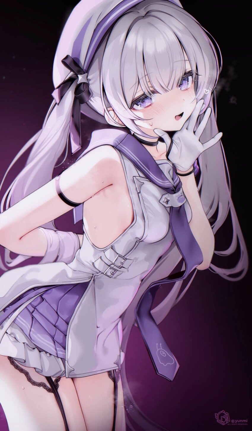 1girl absurdres blush breasts commentary_request first_stage_production garter_straps gloves grey_hair hair_between_eyes hat heart highres long_hair looking_at_viewer purple_eyes purple_sailor_collar purple_skirt ruunell_genius sailor_collar shirt skirt sleeveless sleeveless_shirt small_breasts solo sweatdrop twintails twitter_username white_gloves white_hat white_shirt yunmi_0527