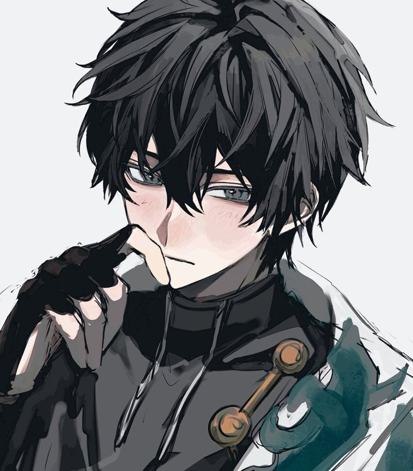 1boy aqua_eyes black_hair black_shirt closed_mouth dan_heng_(honkai:_star_rail) dan_heng_(hunt)_(honkai:_star_rail) finger_to_mouth fingerless_gloves gloves hair_between_eyes highres honkai:_star_rail honkai_(series) jacket light_blush looking_at_viewer male_focus mauchi_(lilllox) messy shirt short_hair simple_background sketch solo upper_body white_background white_jacket