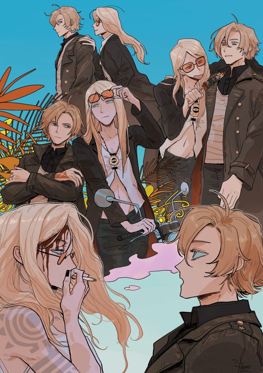 23hr55min 2boys black_coat black_pants blonde_hair blood blue_eyes coat daybit_sem_void fate/grand_order fate_(series) highres long_hair multiple_boys pants purple_eyes sunglasses tezcatlipoca_(fate)