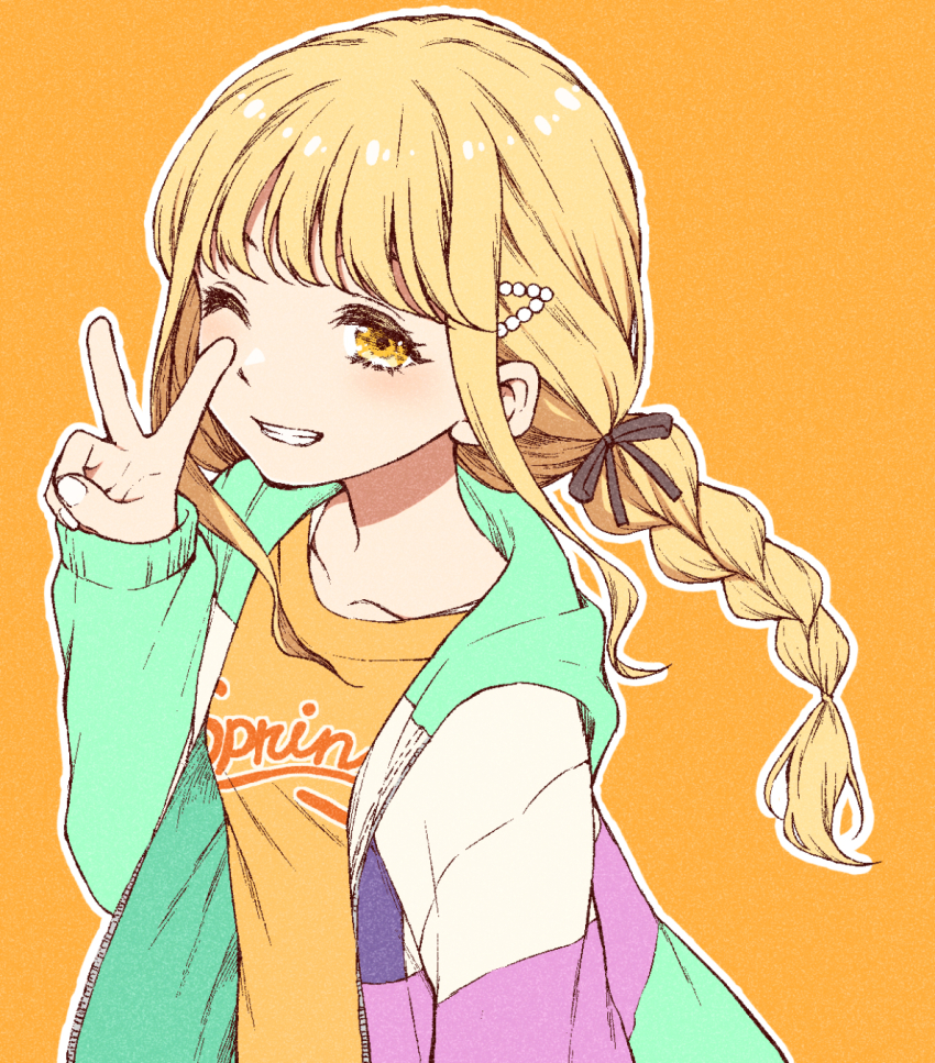 1girl blonde_hair braid flat_chest fujita_kotone gakuen_idolmaster haruhito_(divineshalt) highres idolmaster jacket long_hair looking_at_viewer one_eye_closed open_clothes open_jacket smile solo twin_braids upper_body v yellow_eyes