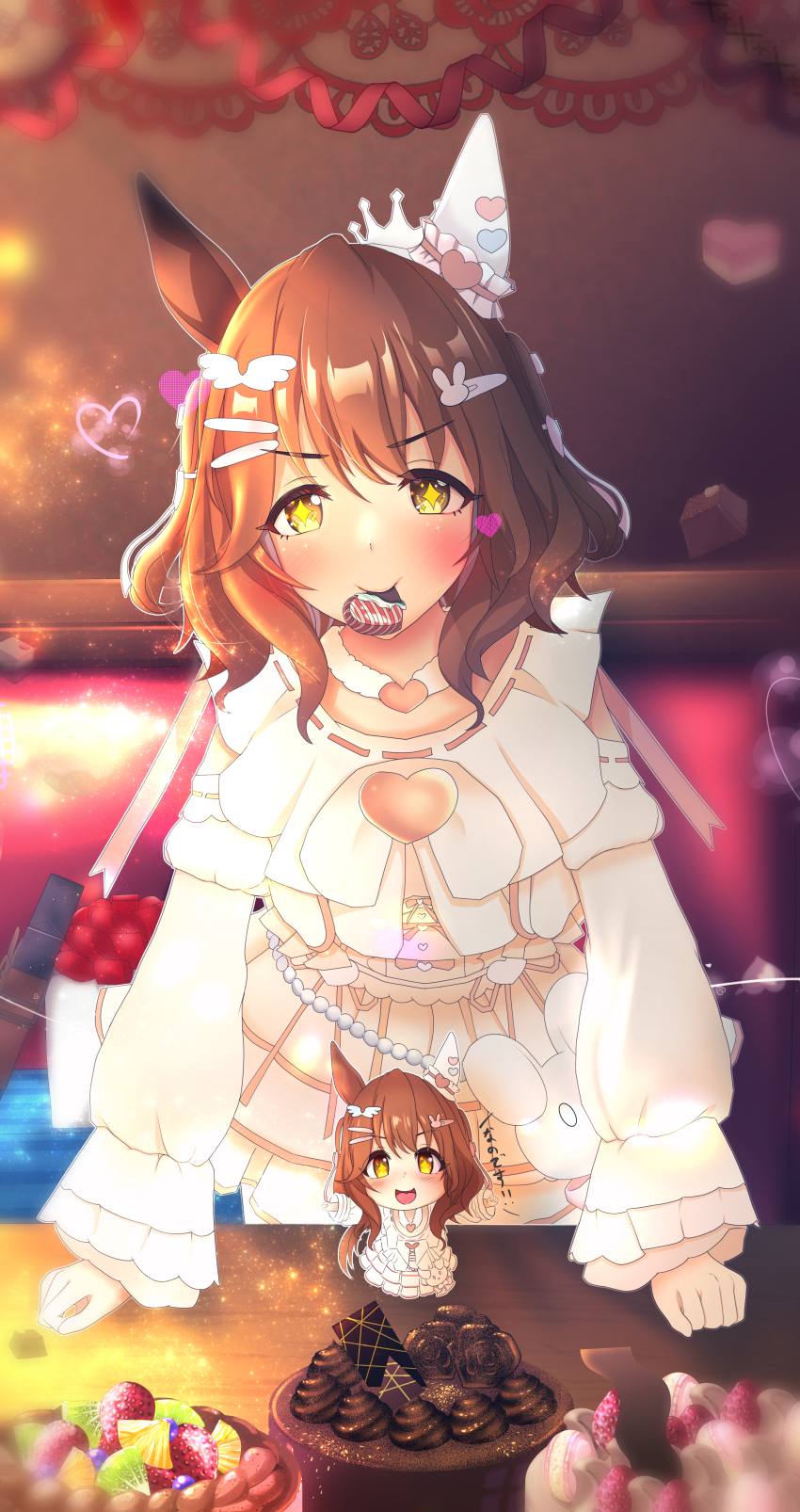 1girl absurdres animal_ears aston_machan_(everlasting_candy)_(umamusume) aston_machan_(umamusume) blush breasts brown_hair closed_mouth commentary_request ear_covers green_eyes h_stone514 hair_between_eyes hair_ornament heart highres horse_ears horse_girl horse_tail looking_at_viewer medium_breasts medium_hair official_alternate_costume smile solo tail umamusume