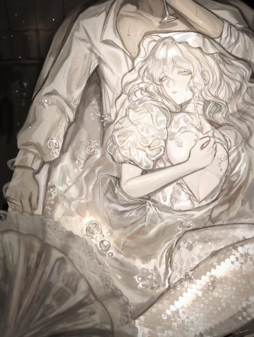 2boys back_bow bathing bathroom bathtub bow bridal_veil bride_mermaid_(cindymeimezu) brown_background cigarette cindymeimezu cleavage_cutout clothing_cutout collared_shirt commentary crossdressing cup dark_background drinking_glass english_commentary fins grey_scales highres holding holding_cigarette holding_cup indoors lace_trim long_hair looking_at_viewer male_focus multiple_boys original pale_skin parted_lips puffy_short_sleeves puffy_sleeves ringed_eyes same-sex_bathing scales shared_bathing shirt short_sleeves smoke smoke_trail soap_bubbles solo_focus tile_wall tiles trap veil water wavy_hair wet white_eyes white_hair white_scales wine_glass yaoi