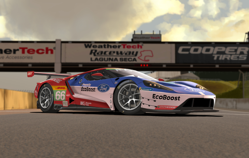 absurdres amoemo blue_sky blurry blurry_background car cloud cloudy_sky commentary depth_of_field english_commentary evening ford ford_gt highres jersey_barrier laguna_seca_raceway motor_vehicle no_humans original outdoors race_vehicle racecar real_world_location road shadow sky sponsor vehicle_focus