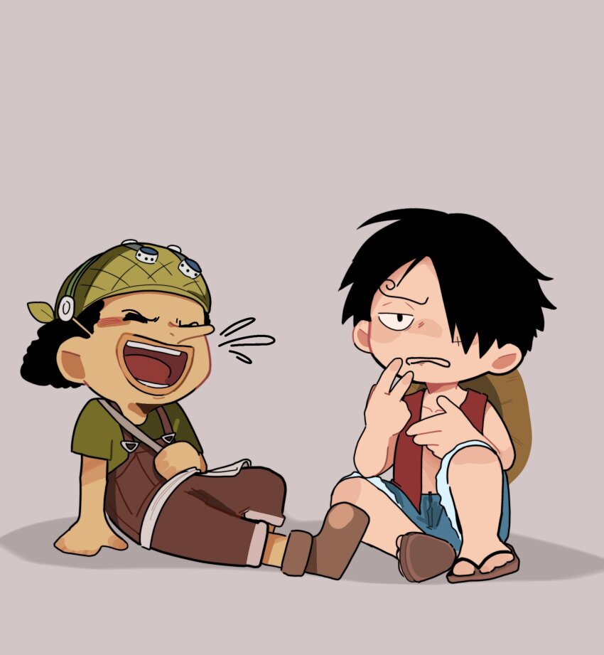 2boys black_hair boots brown_overalls chibi closed_mouth commentary cosplay curly_eyebrows curly_hair english_commentary flip-flops full_body goggles goggles_on_headwear green_shirt hair_over_one_eye hat highres laughing monkey_d._luffy multiple_boys one_piece open_clothes open_shirt overalls red_shirt roenreon sandals sanji_(one_piece) sanji_(one_piece)_(cosplay) sash scar scar_on_face shadow shirt short_hair straw_hat usopp white_sash