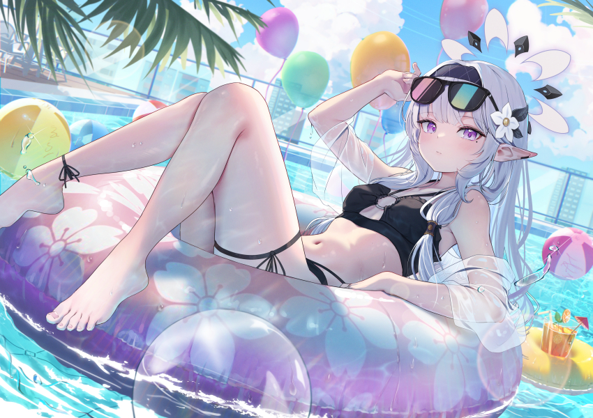 1girl absurdres alternate_costume ankle_ribbon ball balloon barefoot beachball bikini black_bikini black_hairband blue_archive blush breasts building chiu538 closed_mouth cloud day earclip flower grey_hair hair_flower hair_ornament hair_tubes hairband halo highres himari_(blue_archive) innertube leg_ribbon long_hair looking_at_viewer mole mole_under_eye navel outdoors pointy_ears pool purple_eyes ribbon sky small_breasts solo sunglasses swim_ring swimsuit thigh_ribbon white_hair white_halo