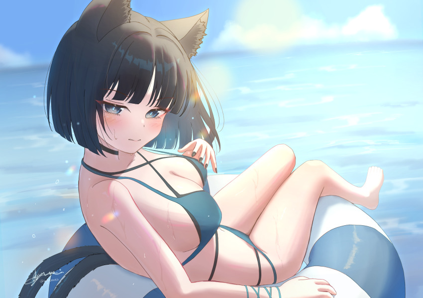 1girl animal_ear_fluff animal_ears bikini black_eyes black_hair black_nails blue_archive blue_bikini blue_halo blunt_ends blush breasts cat_ears cat_girl cat_tail cleavage halo highres kikyou_(blue_archive) kikyou_(swimsuit)_(blue_archive) looking_at_viewer multiple_tails ocean official_alternate_costume parted_lips short_hair solo swim_ring swimsuit tail two_tails uryua0324 wet